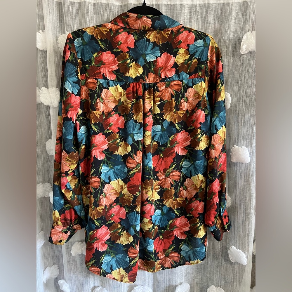 Zara Multicolor Floral Satin Button-Down Shirt - Picture 2 of 6